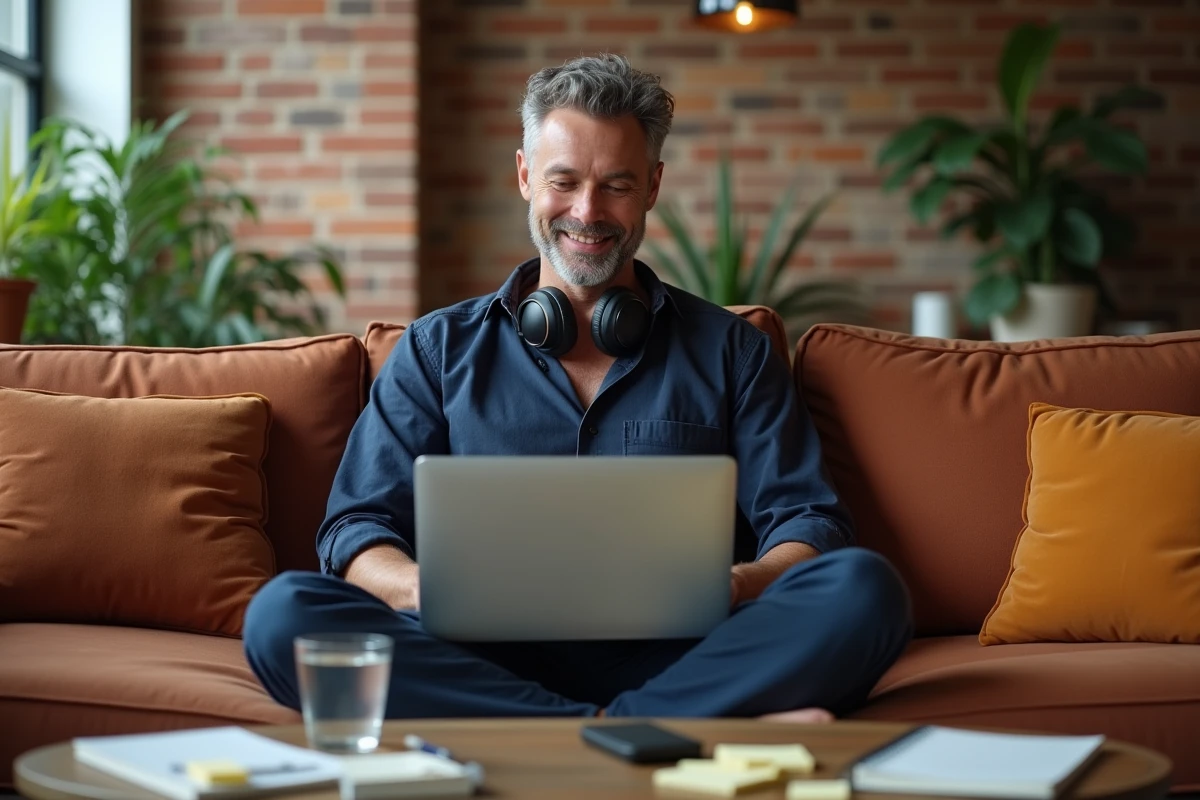 Personne travaillant confortablement depuis le canapé de son salon avec un ordinateur portable sur accoudoir de bureau, ambiance détendue en télétravail