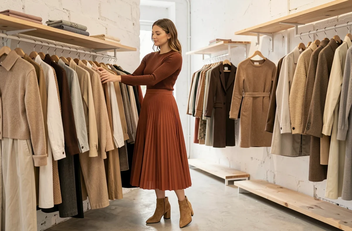 Jeune femme en jupe midi terracotta et pull côtelé marron dans une boutique de mode vintage minimaliste, tendances style 2024