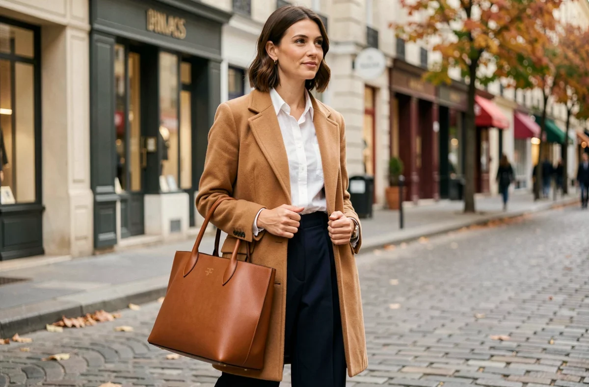Femme élégante en manteau camel et pantalon large dans une rue parisienne pavée, style mode automne-hiver 2024