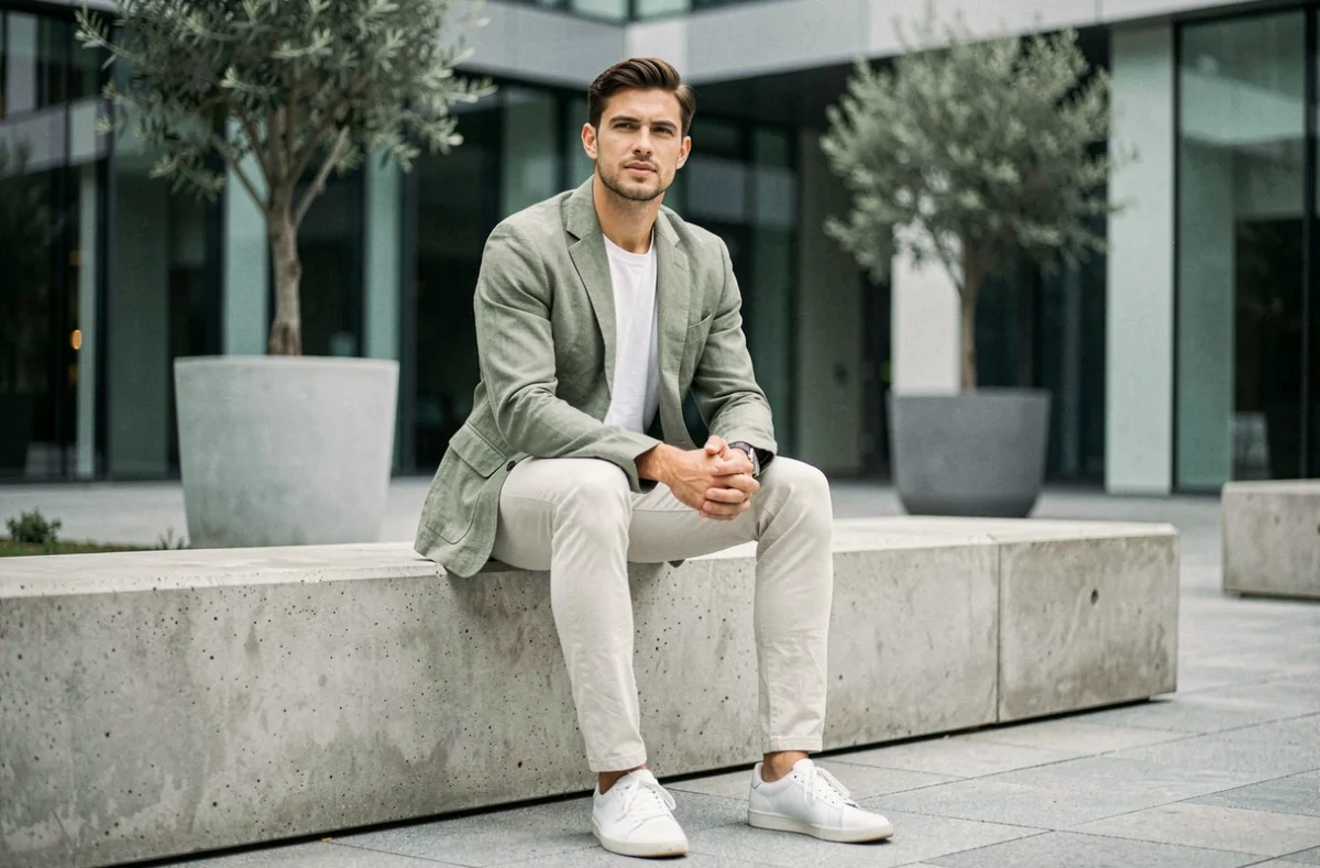 Homme en blazer lin vert sauge et sneakers blanches assis dans une place urbaine moderne, look mode décontracté 2024