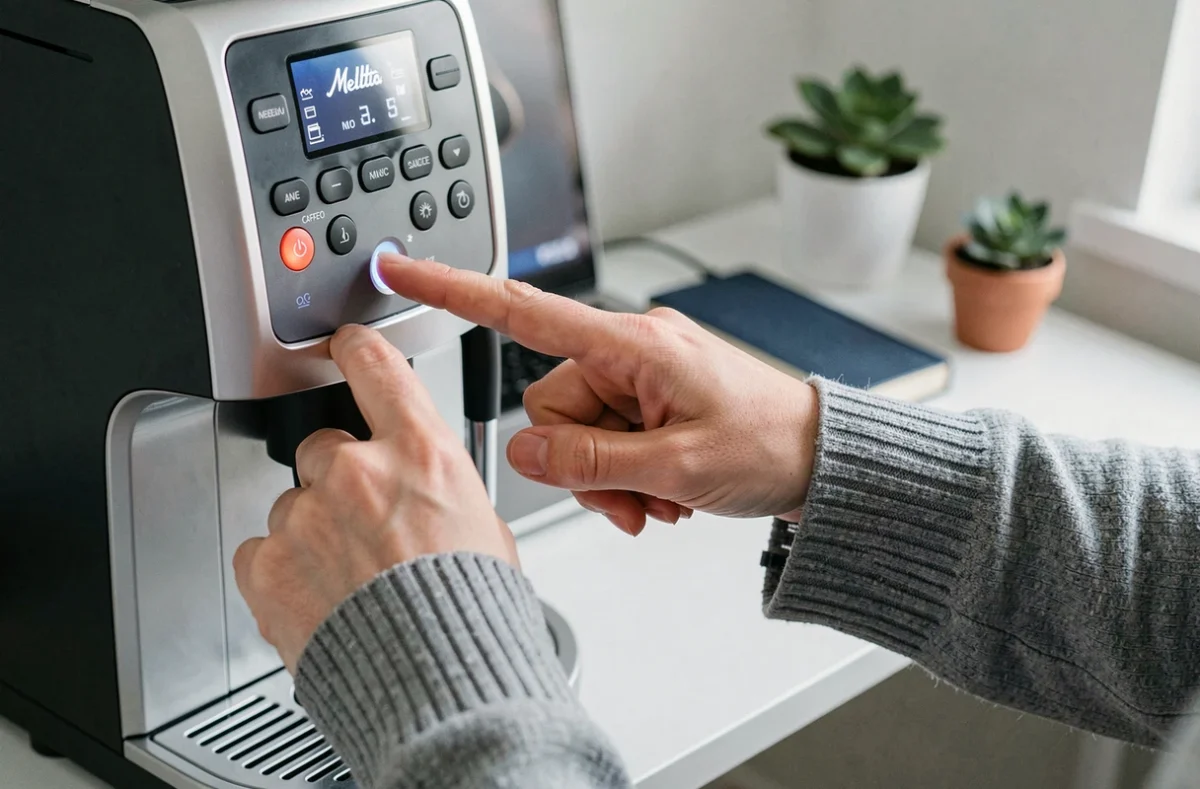 Femme utilisant le panneau de commande de la machine à café Melitta Caffeo Solo E950-222 dans un bureau à domicile