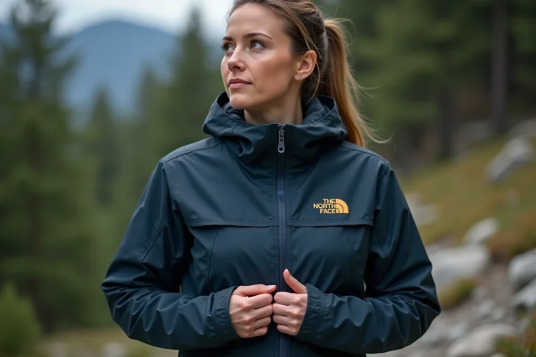 Femme portant une veste The North Face Gore-Tex sur un sentier de montagne, illustrant la qualité des matériaux premium de la marque