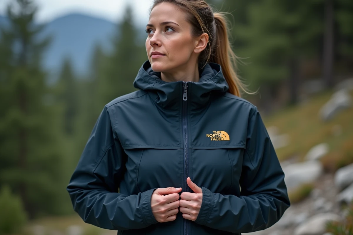 Femme portant une veste The North Face Gore-Tex sur un sentier de montagne, illustrant la qualité des matériaux premium de la marque