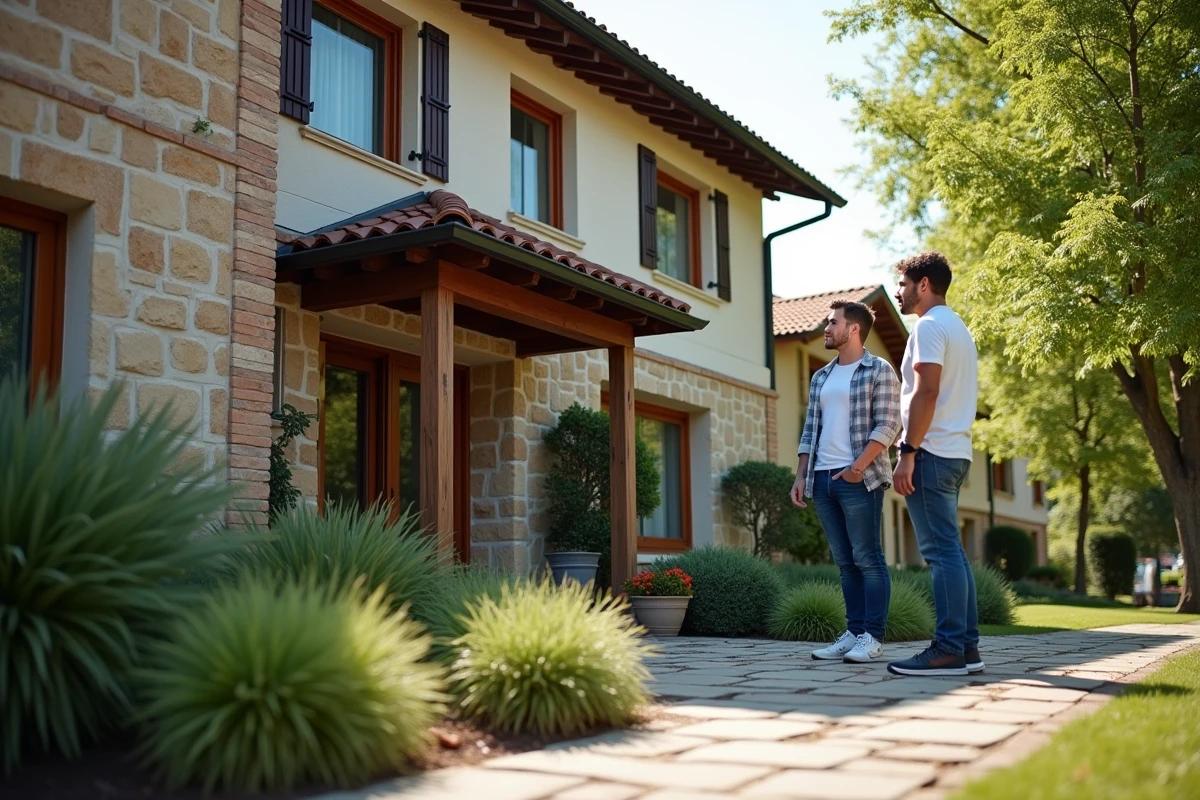 Couple visitant une maison individuelle avec un agent immobilier lors d'une évaluation sur site