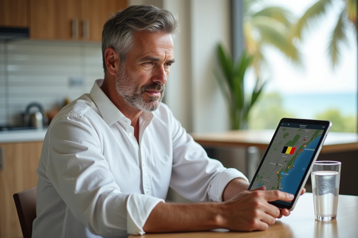 Voyageur à l'étranger regardant la F1 sur tablette via un VPN connecté à la RTBF depuis une destination tropicale